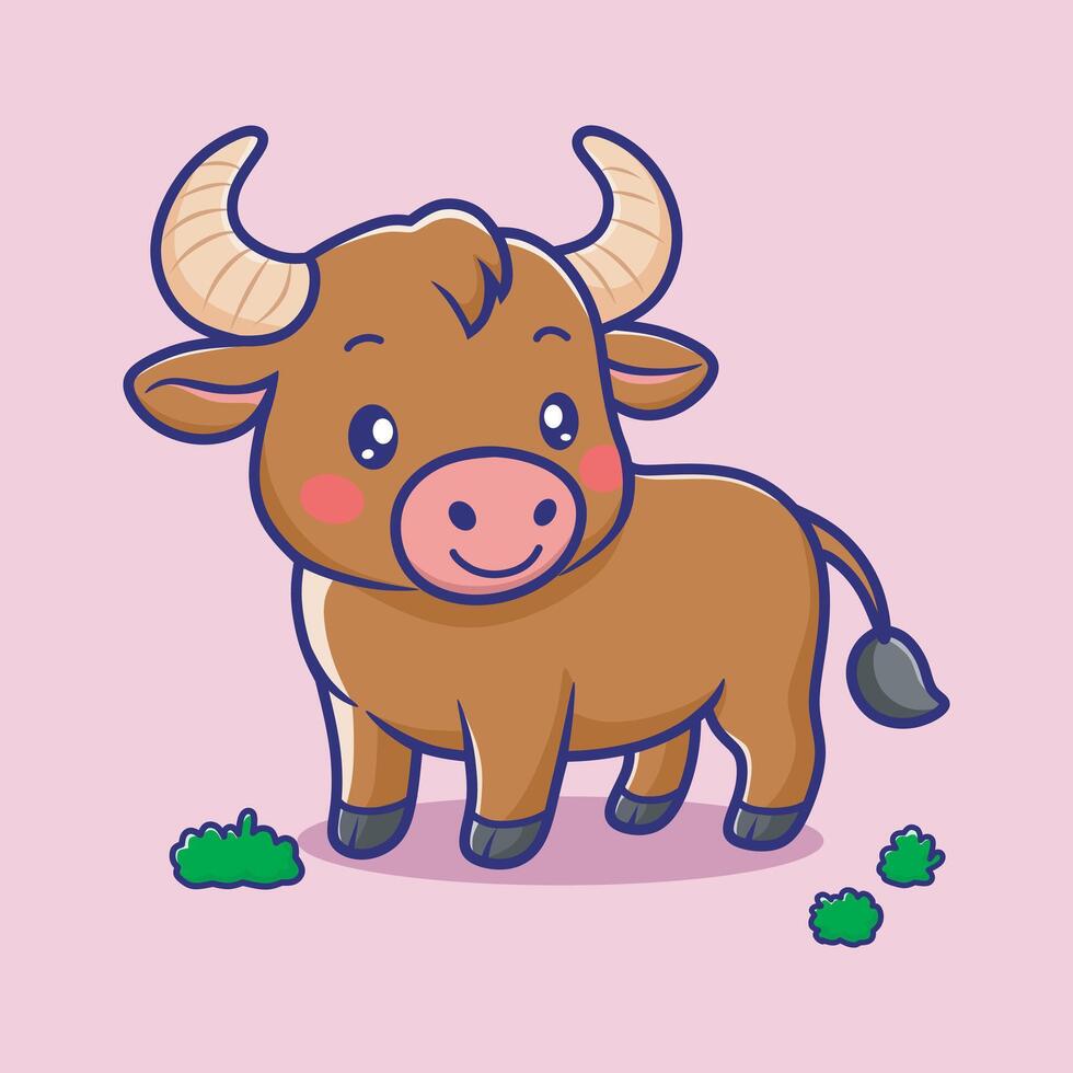 Cute Bull Cartoon Icon Illustration. Animal Nature Icon Concept Isolated Premium . Flat Cartoon Style vector