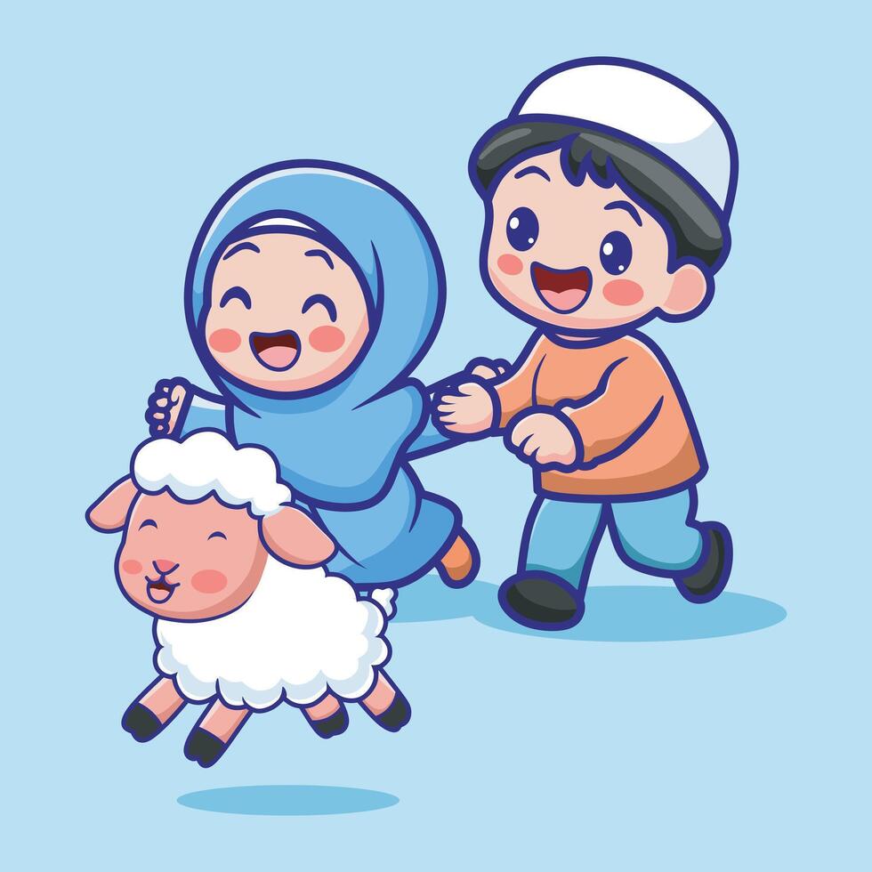 Fun cartoon of Muslim boy and girl joyfully playing with a sheep, illustrating the joyful spirit of Eid al-Adha celebration. vector