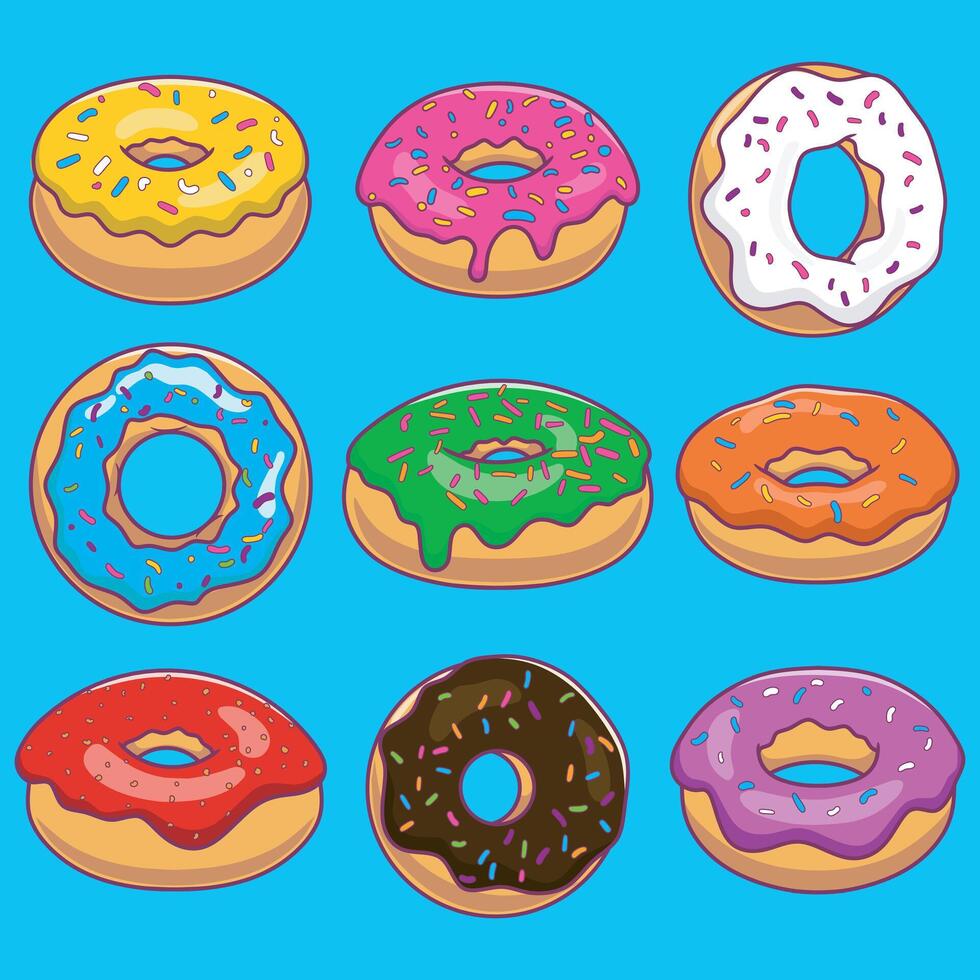 Colorful set of donuts with different icing on a colorful background. vector