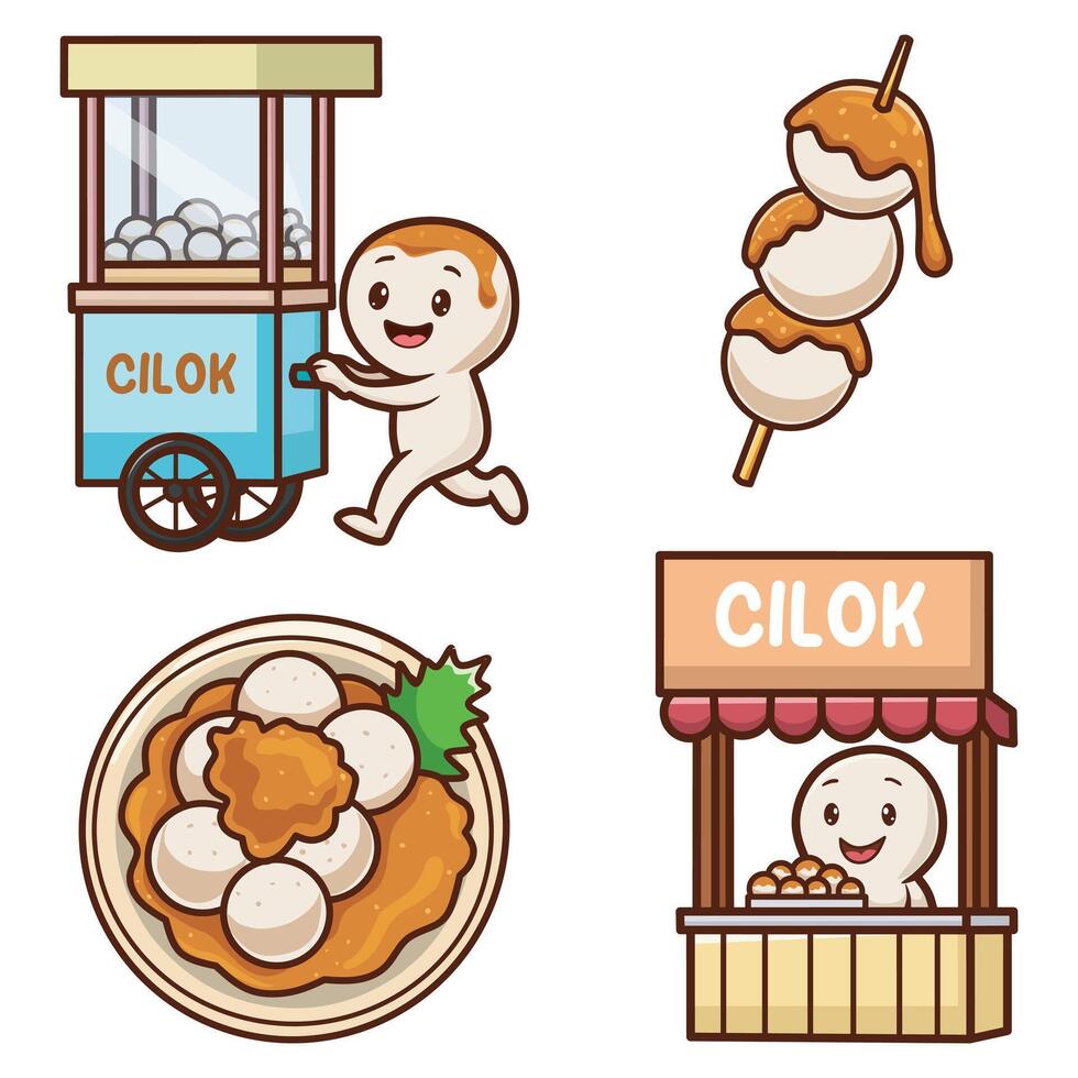 Cute cilok character set selling and serving traditional Indonesian street food in various forms. vector