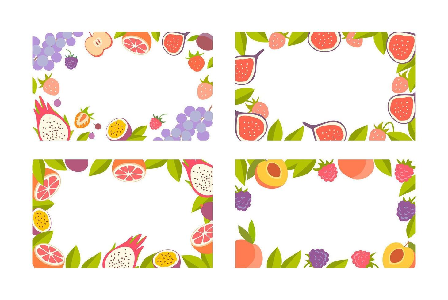 Set light backgrounds with decorative border of berries and fruits in bright colors. Great for summer projects, banners, posters, menus, children's designs, invitations and holiday materials. vector