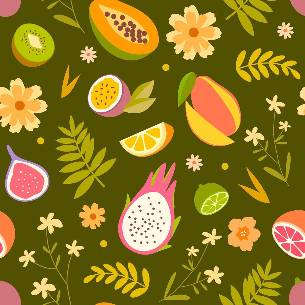 Tropical pattern with fruits and flowers on a rich olive background. Suitable for gift wrapping, decorative pillows, curtains, notebooks, bags, and beach mats. vector