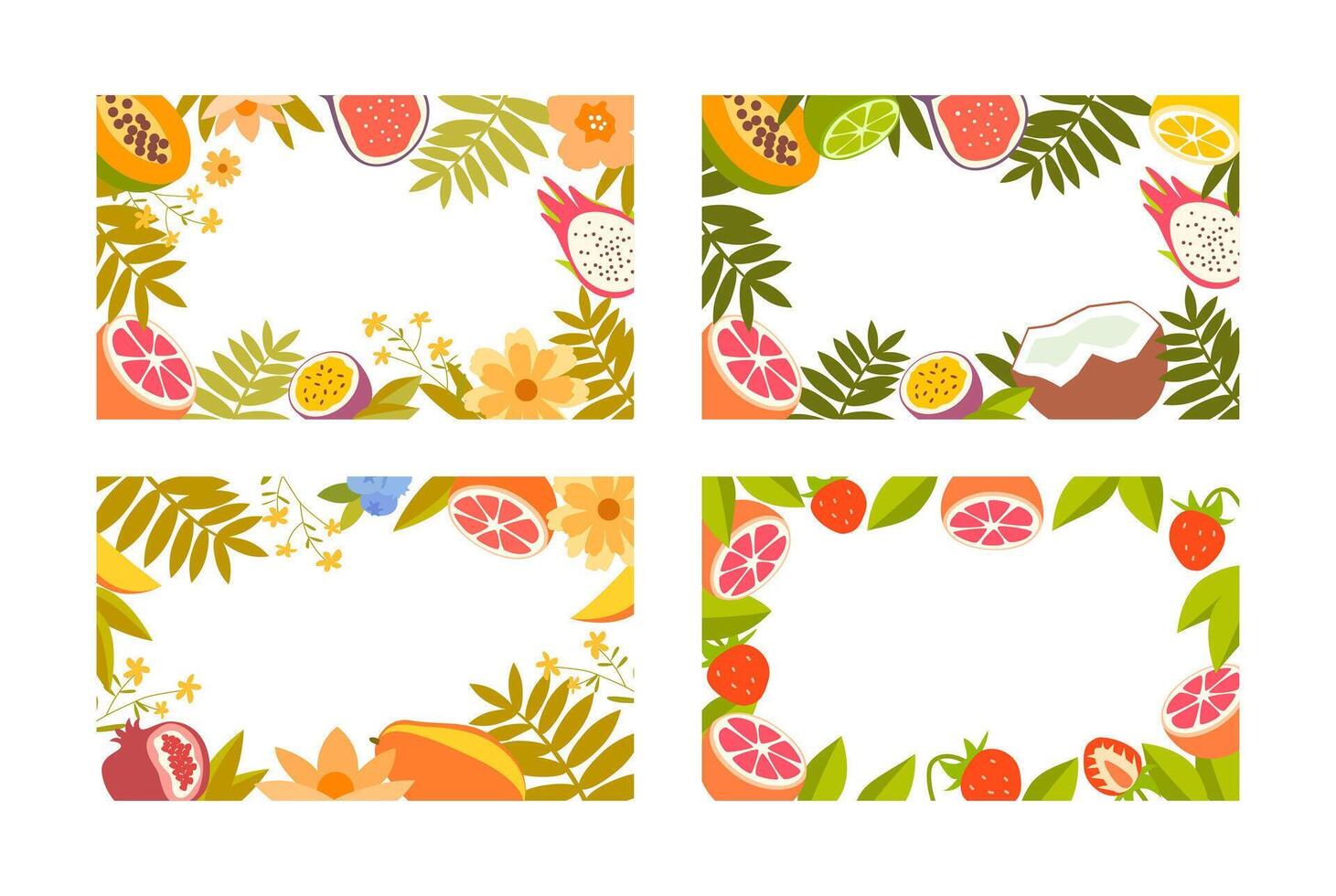 Set bright tropical backgrounds with decorative border of exotic fruits, leaves and flowers. Ideal for banner, social media, summer poster, invite, holiday post or menu design. vector
