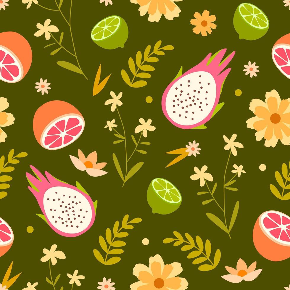 Tropical pattern with exotic fruits, flowers, leaves on an olive background. Suitable for decorating textiles, eco-bags, notebooks, book covers, cosmetics packaging, bedding, and kitchen towels. vector
