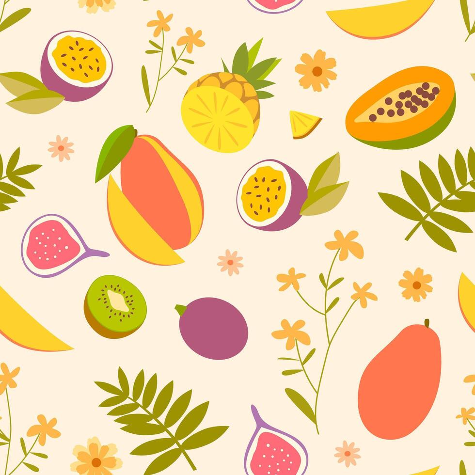 Tropical pattern with exotic fruits and flowers on a pastel background. Suitable for summer clothing, beach accessories, home textiles, cosmetics packaging, stationery, postcards, and web design. vector
