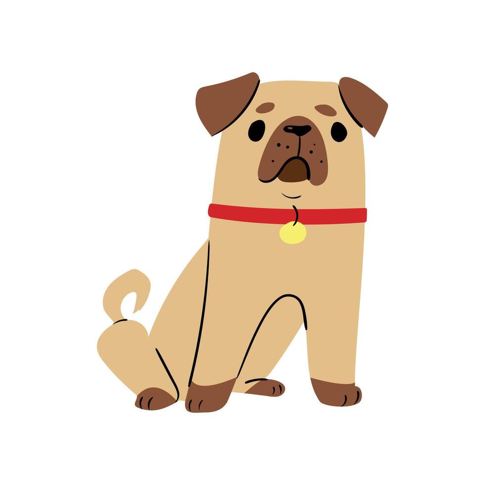 Cute cartoon-style pug dog illustration with big eyes and friendly expression. Ideal for kids' products, pet-themed branding, greeting cards, stickers, and educational materials. vector