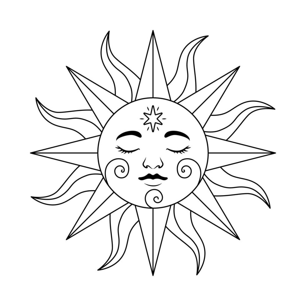 Line art of magic sun with face isolated on white background. Celestial illustration for astrological blogs, prints, label, tags. vector