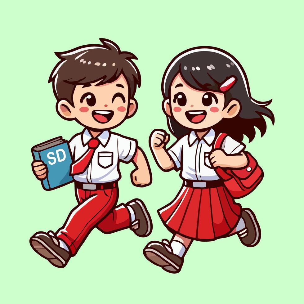 Indonesian elementary school children in red and white uniforms running together vector