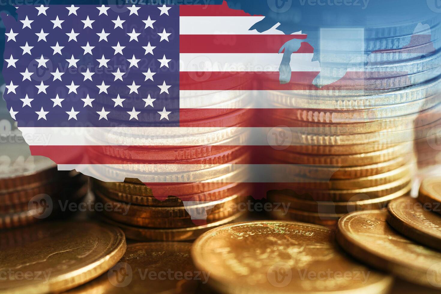 US America flag with stock economy finance. photo
