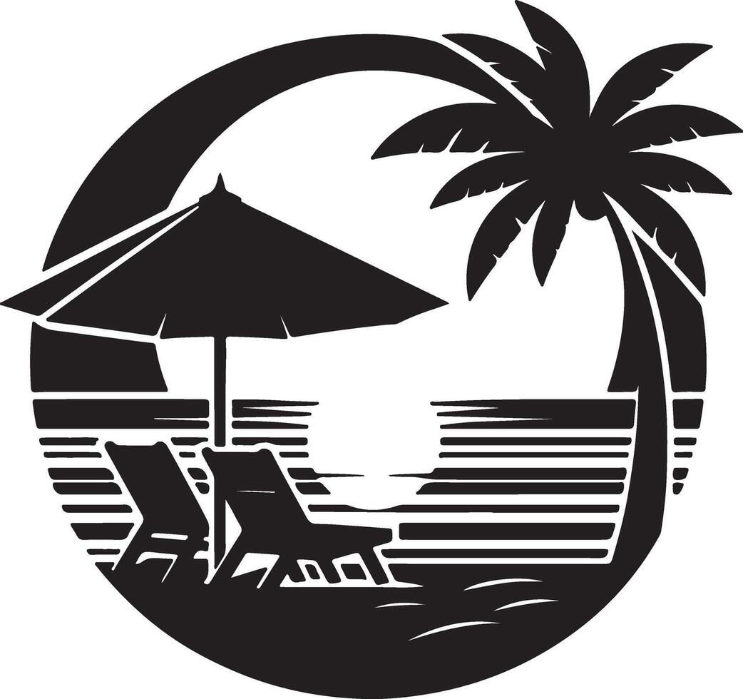 A silhouette of a beach with a palm tree and two chairs vector