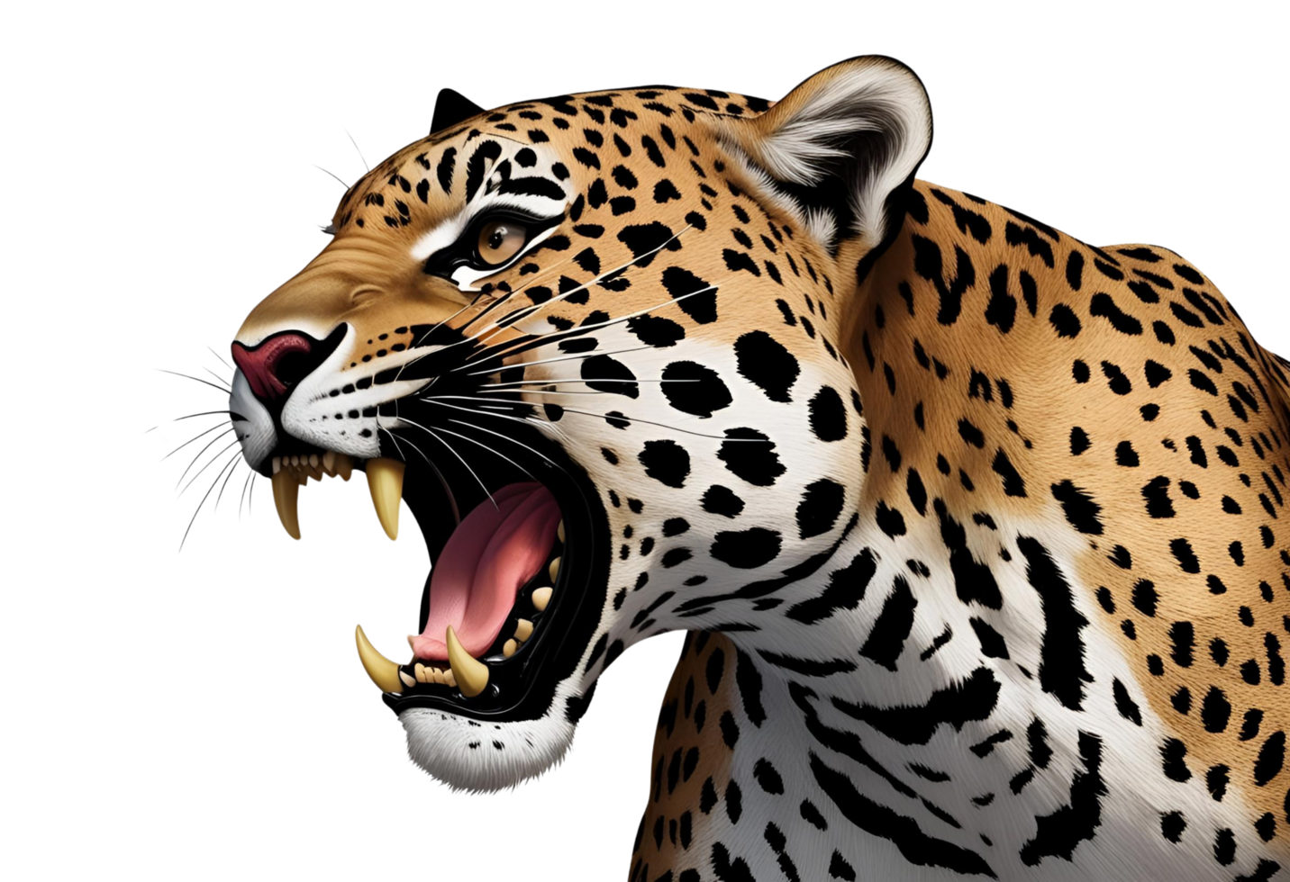 Head portrait of roaring jaguar with open mouth and fangs visible. png