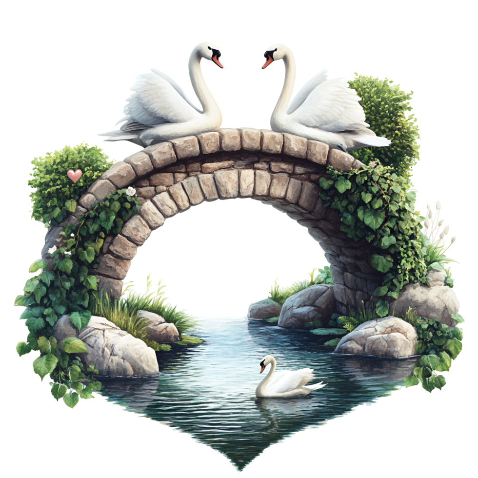 Graceful Swans on Bridge Over Water with Rocks and Plants Transparent Background png