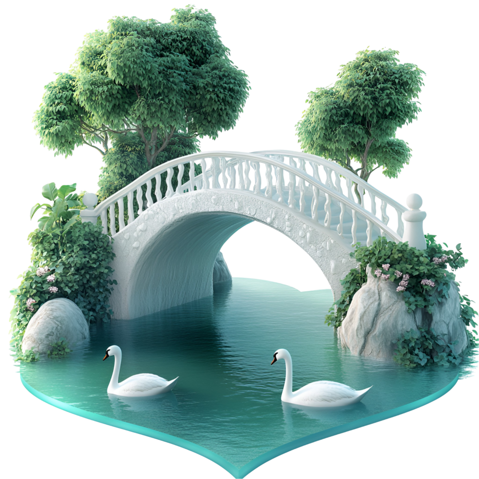 Swans Swimming Peacefully in Water Beneath Scenic Bridge Transparent Background png