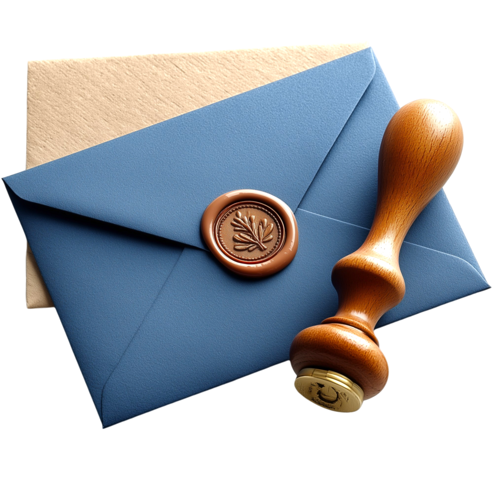 A wax seal sits on top of a blue envelope png