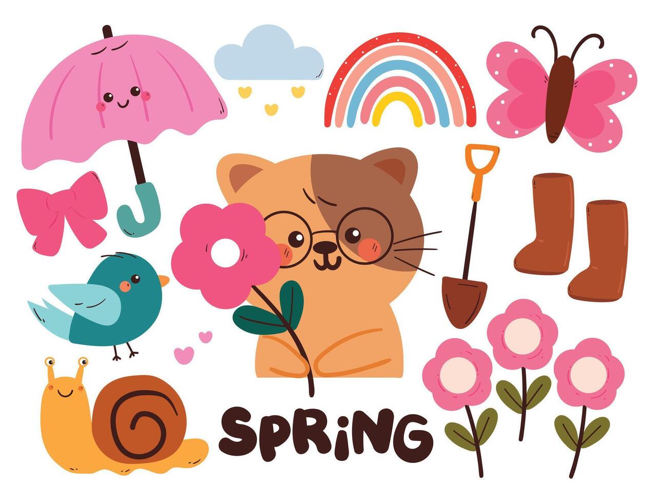 hand drawing cartoon spring sticker set with cartoon animals and plant stuff. cute sticker for spring season, doodle set vector