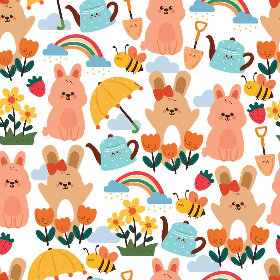 seamless pattern cute cartoon bunny with bees and spring stuff. cute animal drawing for spring wallpaper and background vector