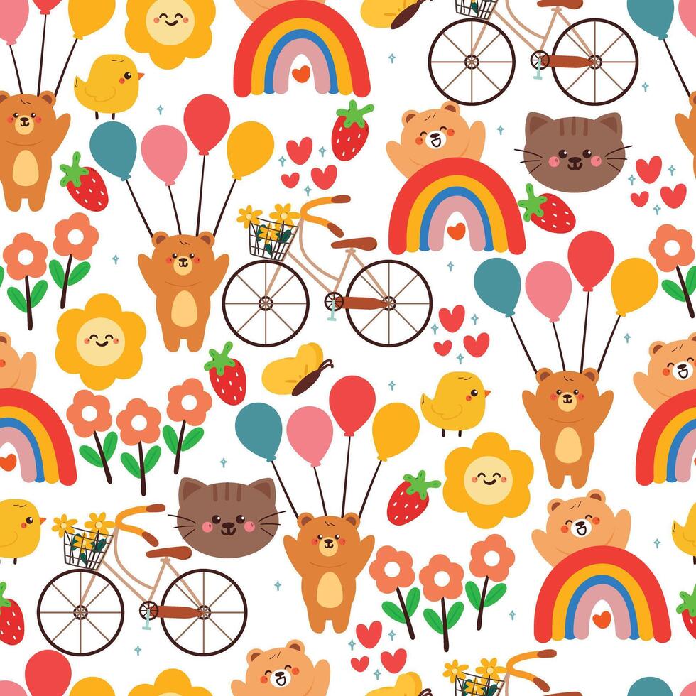 seamless pattern cartoon animals with plant, sky element and cute stuff. cute animal pattern for wallpaper, background and gift wrap paper vector