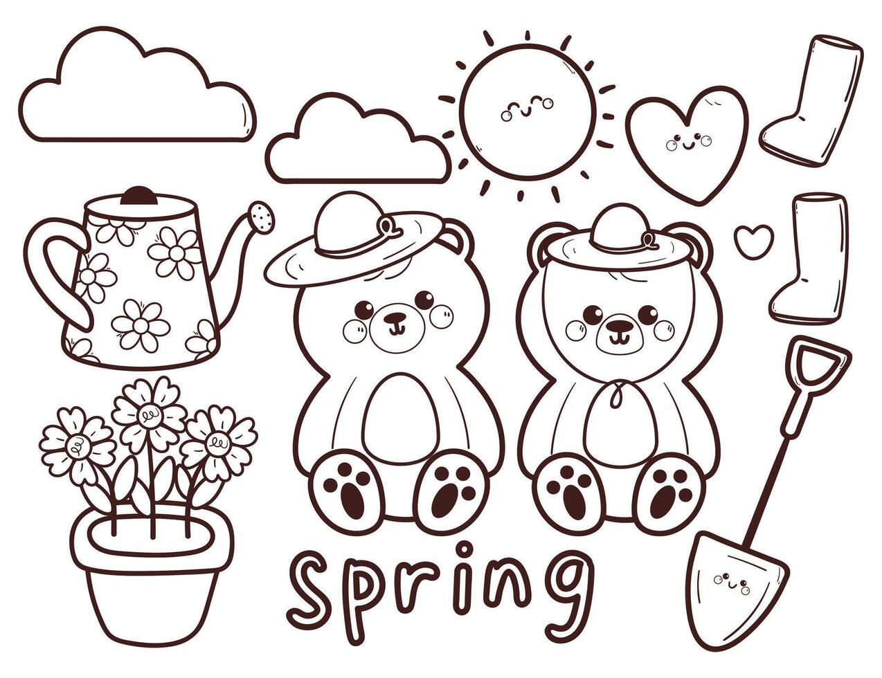 coloring sticker cartoon spring sticker set with cartoon bears and plant set. cute coloring page for spring season, doodle set vector