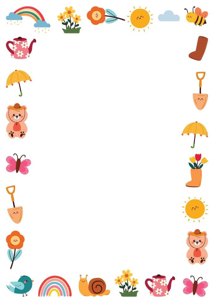 hand drawing cartoon spring stuff frame. cute frame with object drawing for spring theme frame vector
