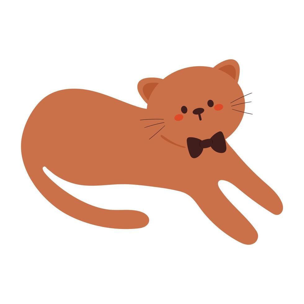 cute drawing cartoon brown cat lying down. cute animal doodle for sticker, icon vector