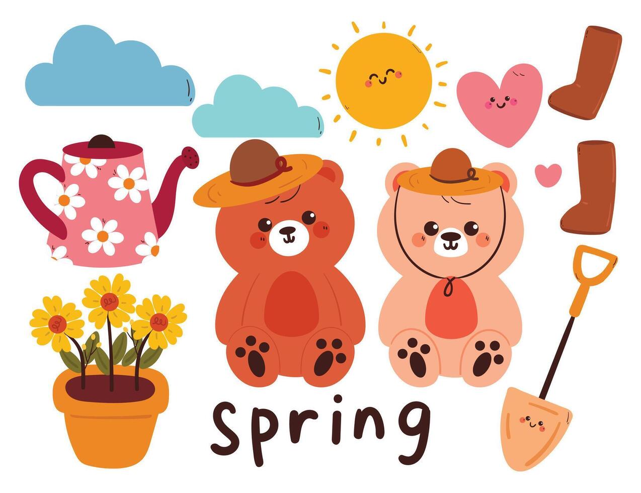 hand drawing cartoon spring sticker set with cartoon bears and plant set. cute sticker for spring season, doodle set vector
