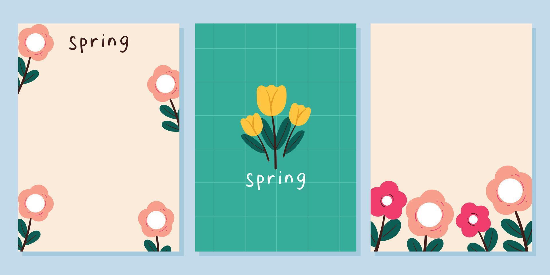 set of spring card with cartoon flowers. cute card for invitation, post card vector
