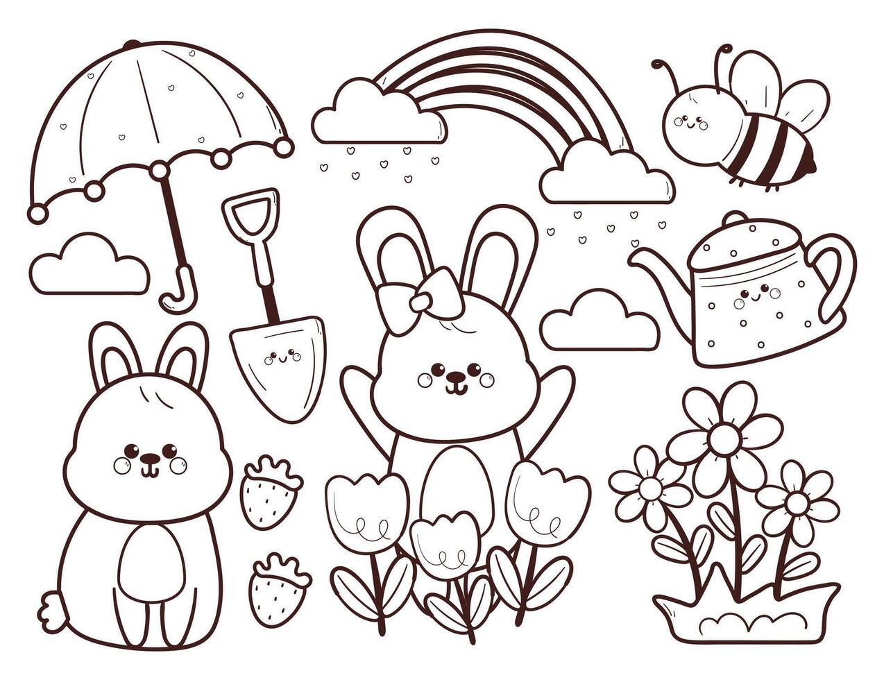 coloring sticker cartoon spring sticker set with cartoon bunny and plant stuff. cute coloring page for spring season, doodle set vector