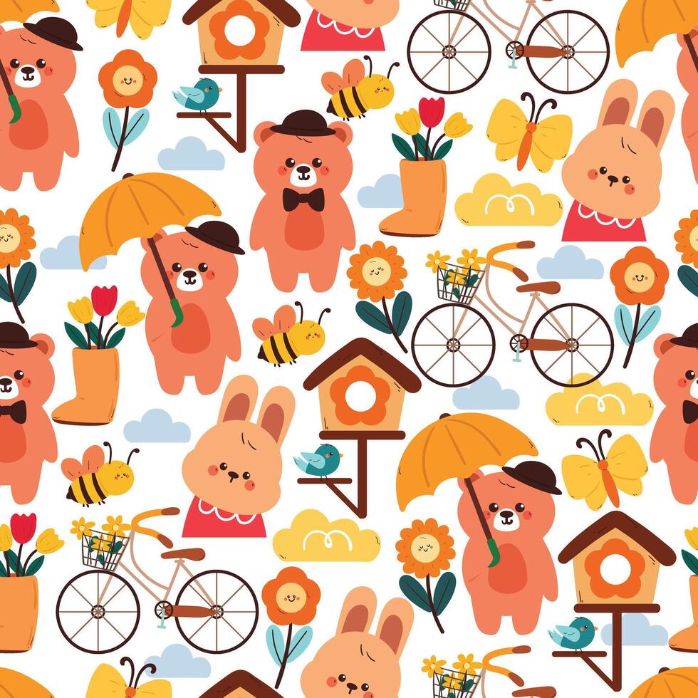 seamless pattern cute cartoon bear and bunny with flower and water pot. cute animal drawing for spring wallpaper and background vector
