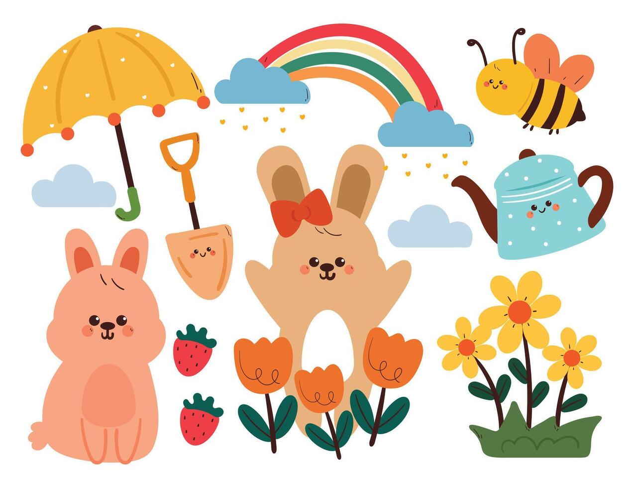 hand drawing cartoon spring sticker set with cartoon bunny and plant stuff. cute sticker for spring season, doodle set vector