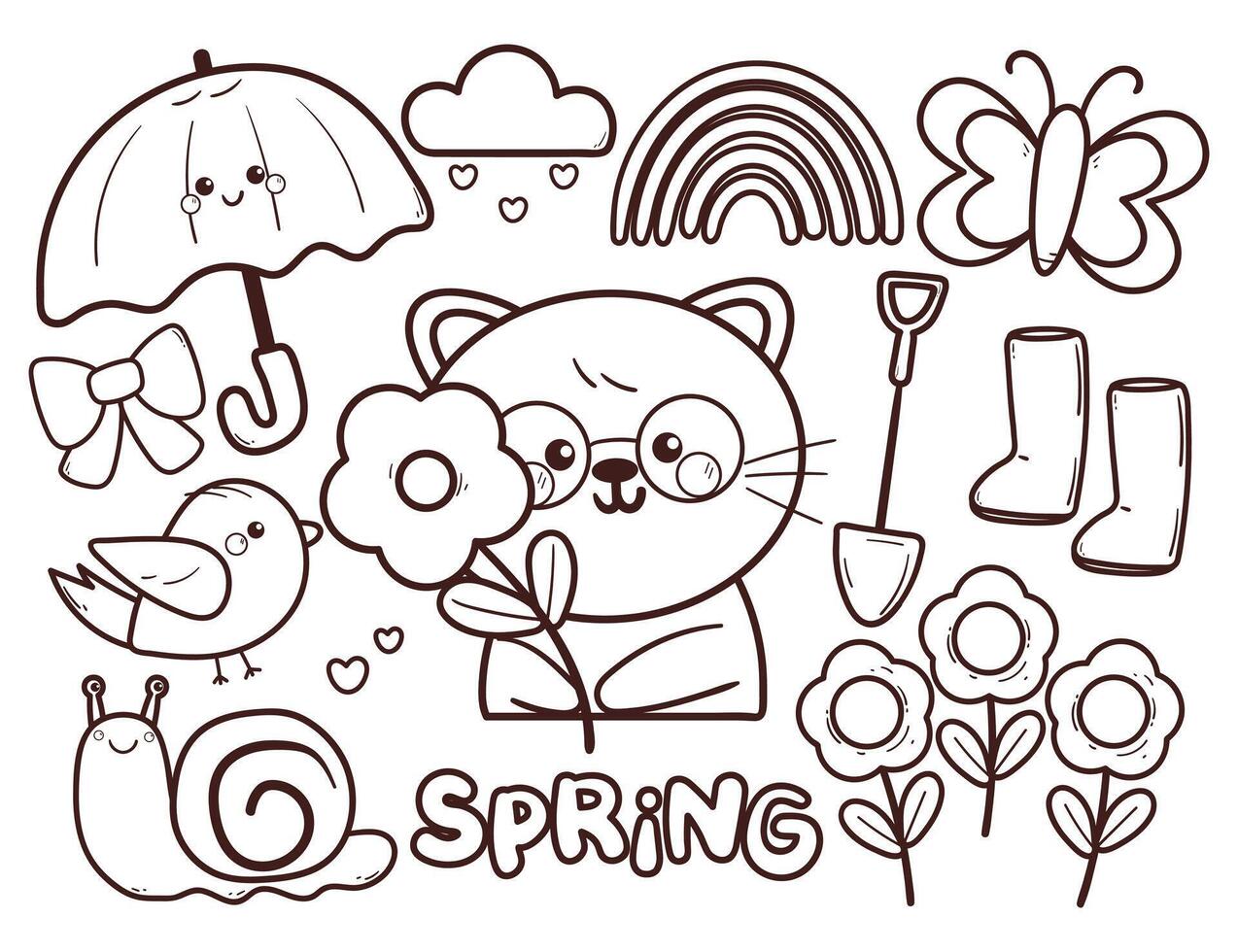 coloring sticker cartoon spring sticker set with cartoon animals and plant stuff. cute coloring page for spring season, doodle set vector