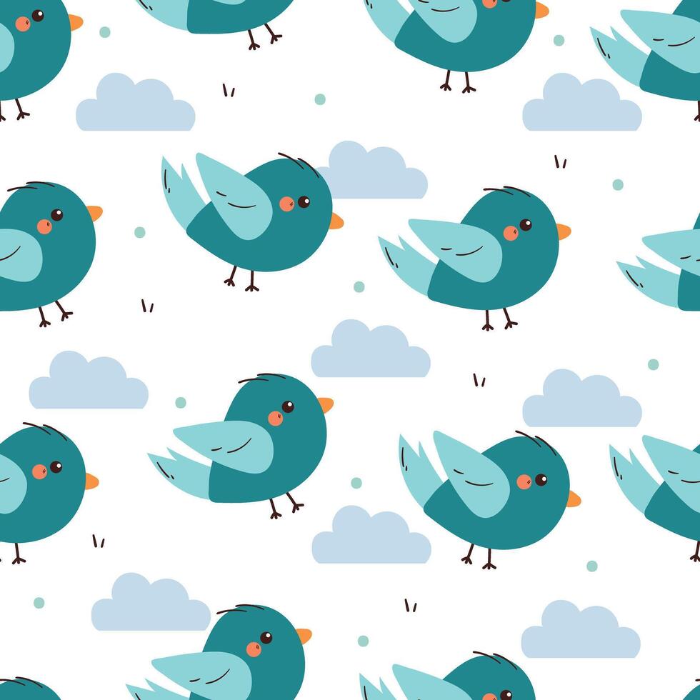 seamless pattern cartoon birds with blue clouds. cute animal pattern for wallpaper, background and gift wrap paper vector