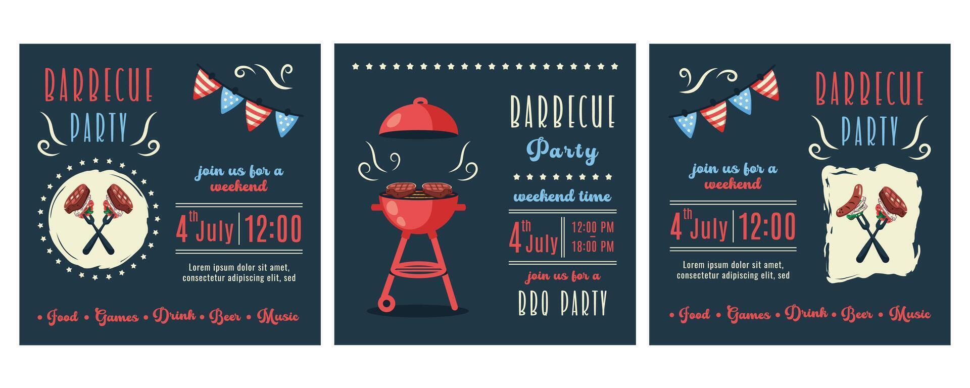 American Independence Day. Set of Bbq backgronds with brazier, steaks, vegetables. Barbecue grill. 4th of July party invitations, banners, flyers. Festive picnic elements. flat illustration vector