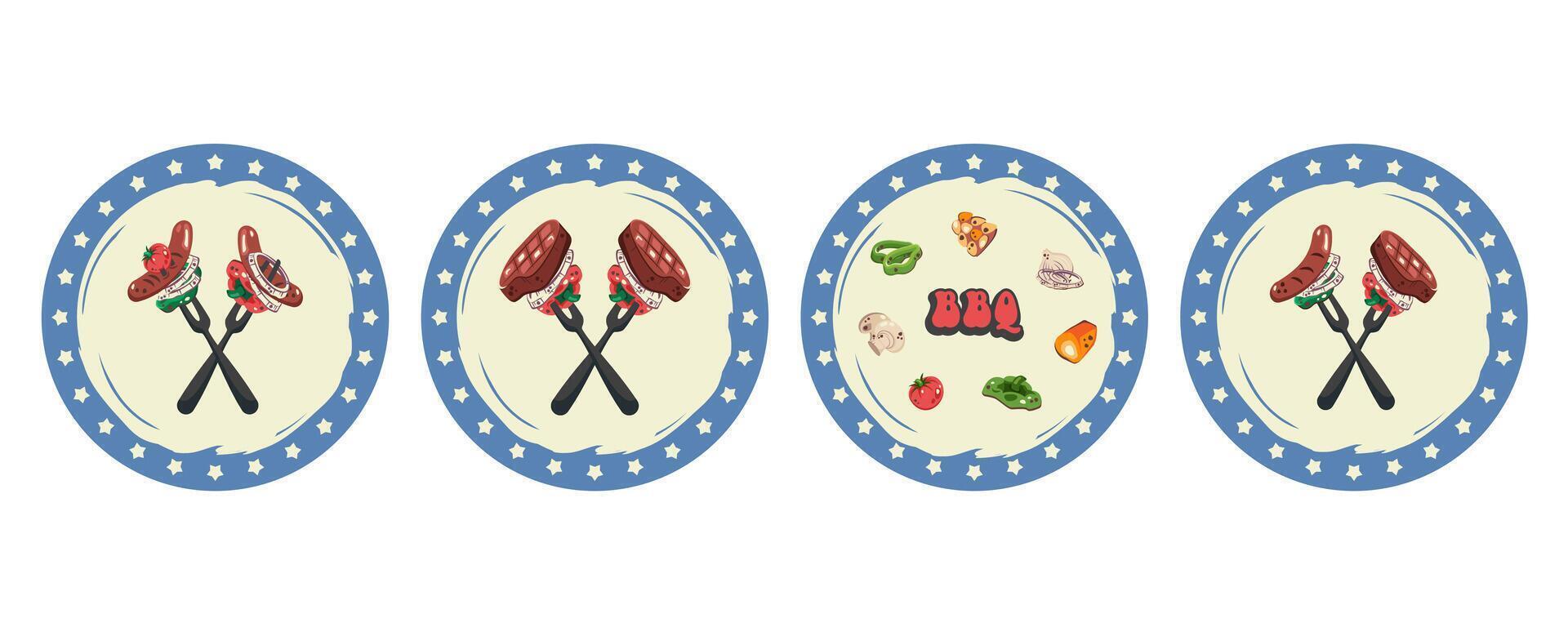 Set of bbq icons isolated. American Independence Day. Bbq sidns with American national symbol. Barbecue grill with steaks, food, vegetables, sausages. Festive picnic elements. flat illustration vector
