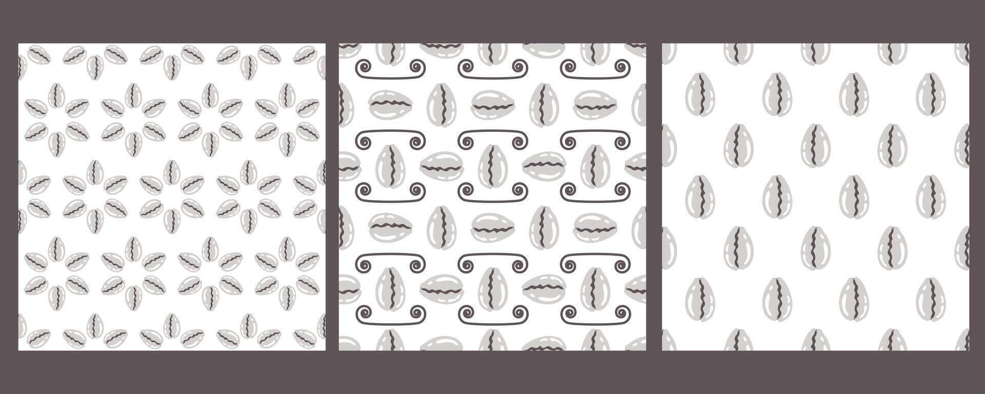 Shells seamless pattern. Set of repeat ornaments with sea elementsand spiral symbols. Various shellfish on white background. Snall seashell. flat illustration vector