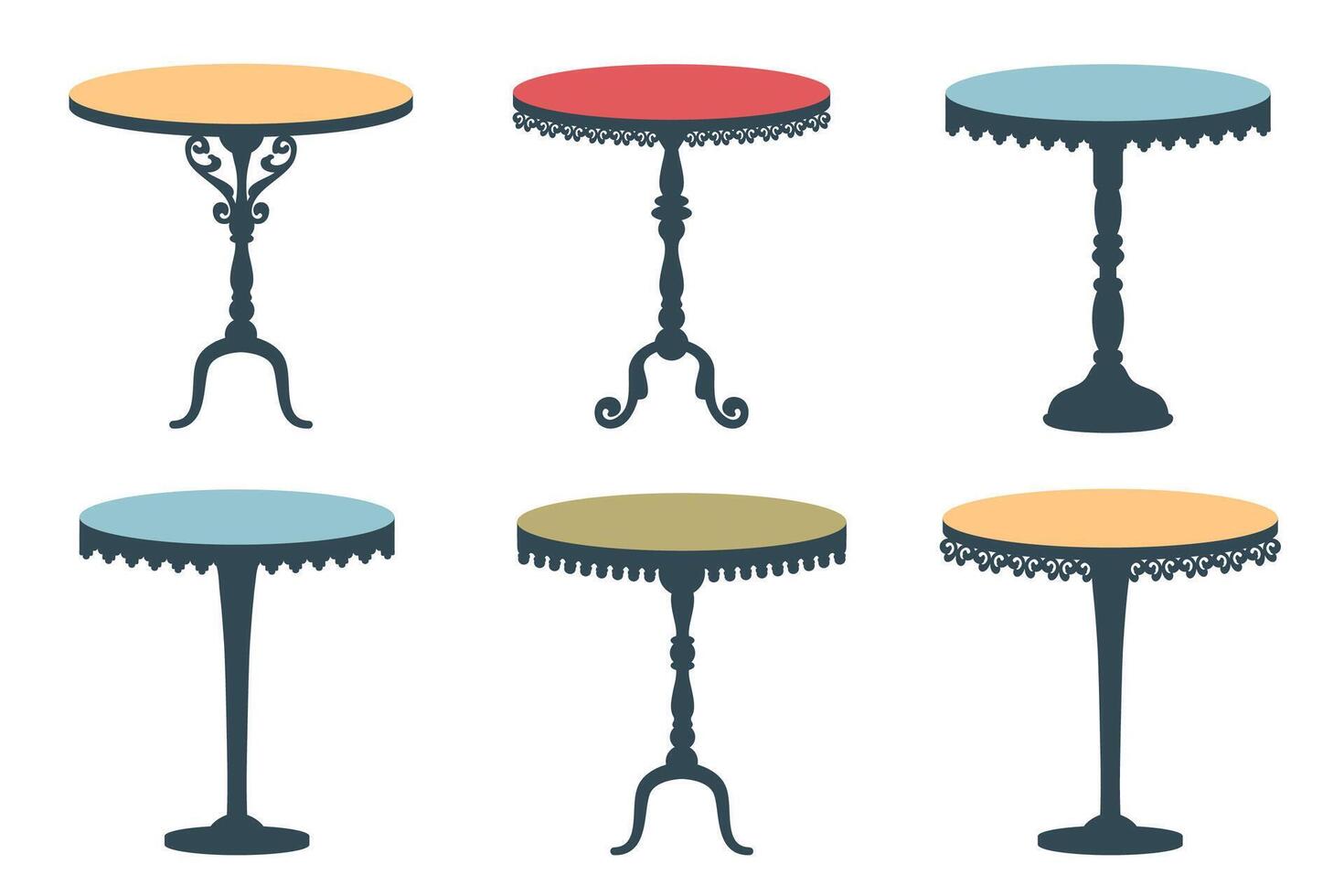 Set of Vintage table. Retro classic table with carved antique elements. Vintage icon. Luxury Old historical furniture in Victorian style. illustration vector