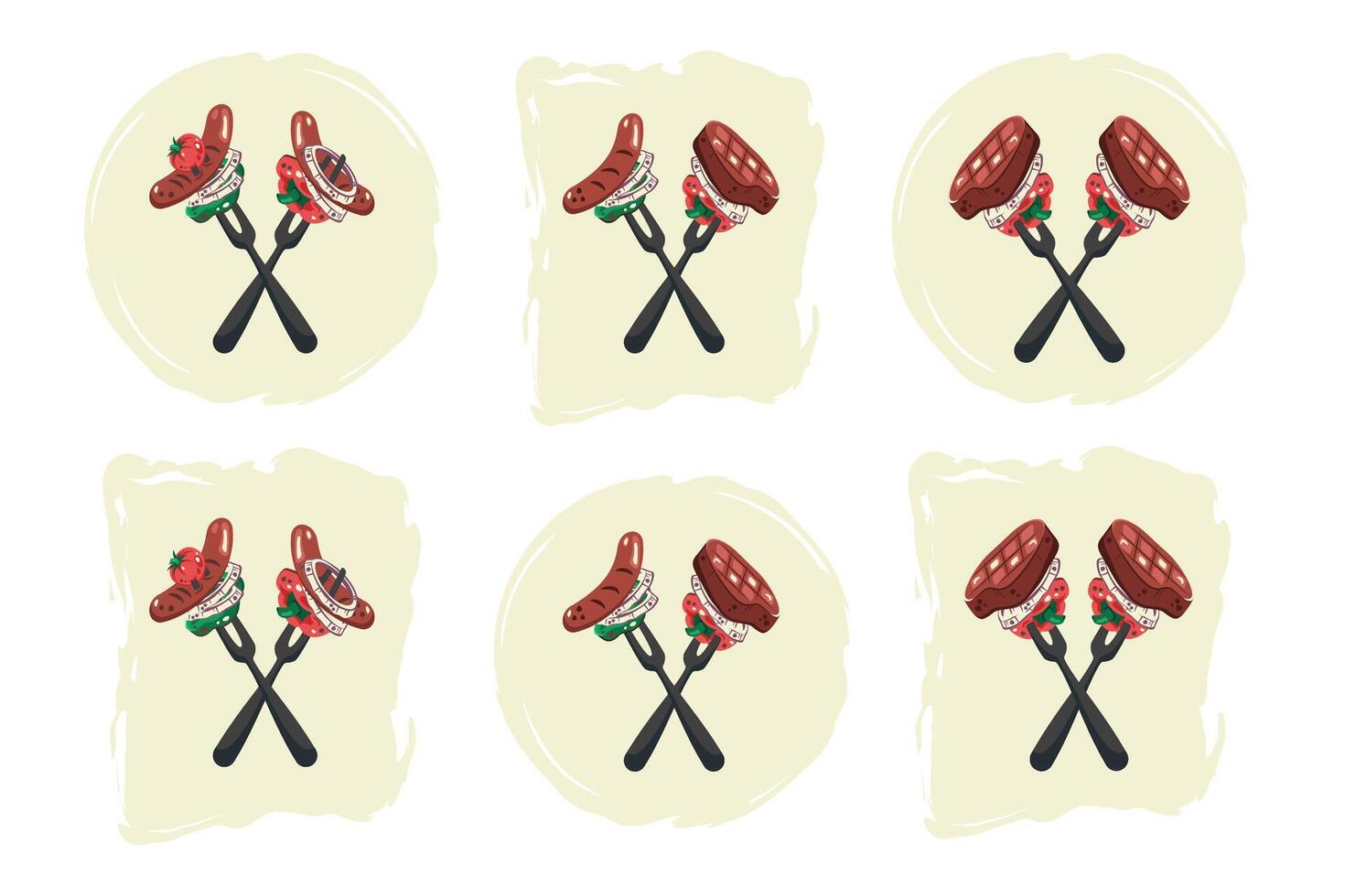 Set of bbq icons isolated. Bbq elements in paint frame. Picnic stickers. Barbecue grill with steaks, food, vegetables, sausages. flat illustration vector