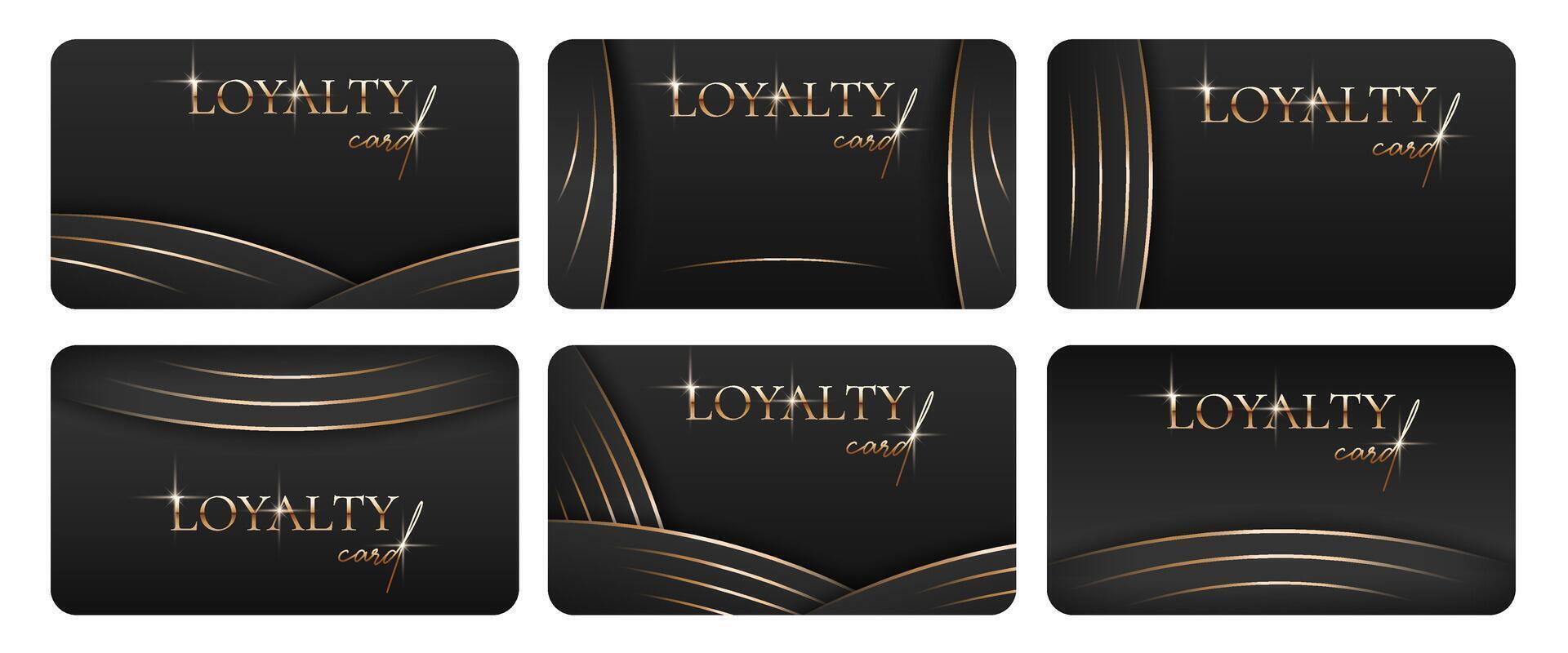 Modern loyalty cards templates. Luxury Black business cardwith golden 3d text, lines. Realistic gold elements. Elegant design. illustration for vip, bonus card, gift certificate, invitation vector