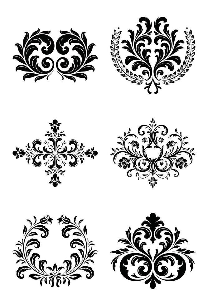 Collection of elegant black and white floral ornamental design elements with decorative flourishes vector