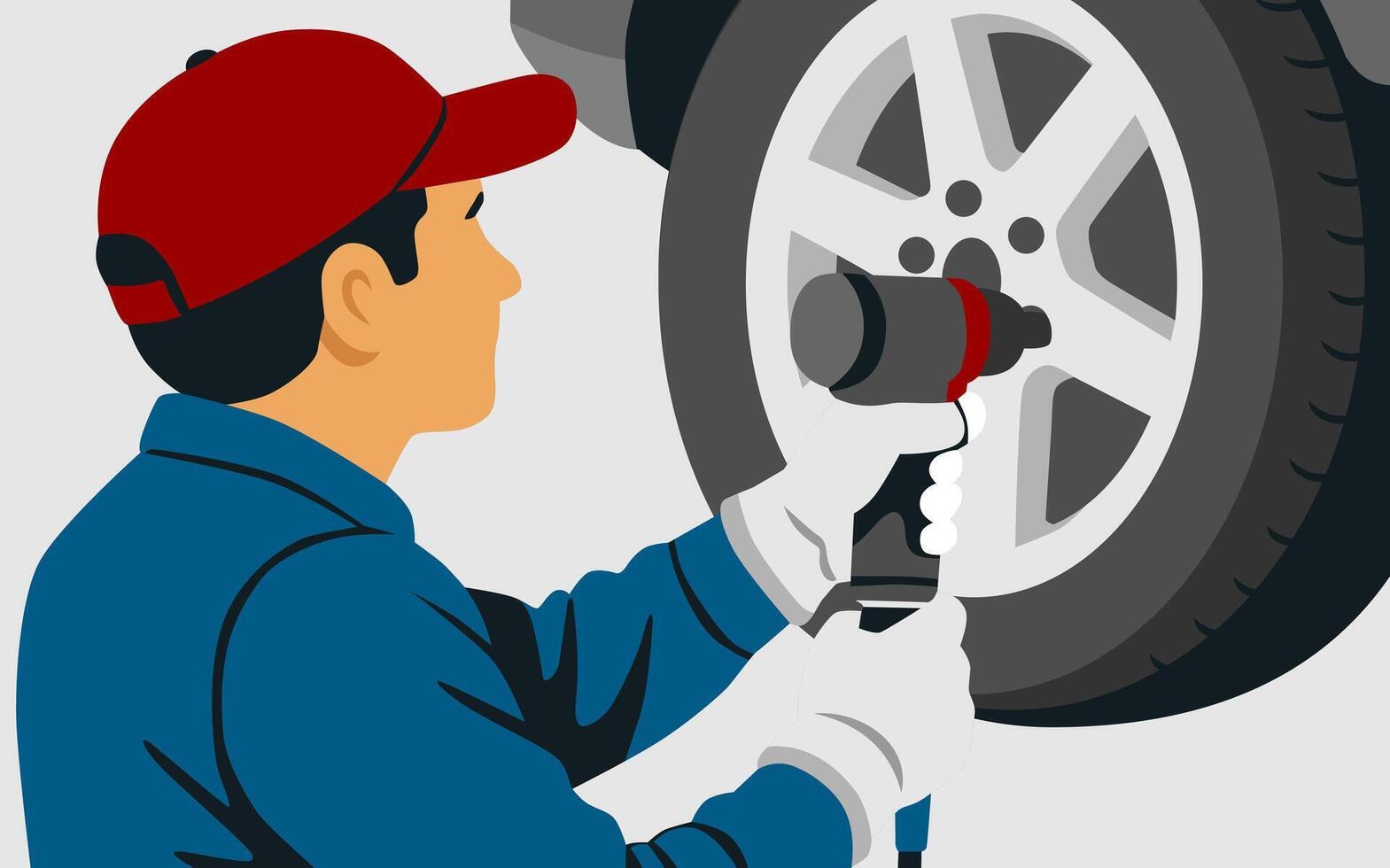 mechanic repairs wheel illustration pastel color design art vector