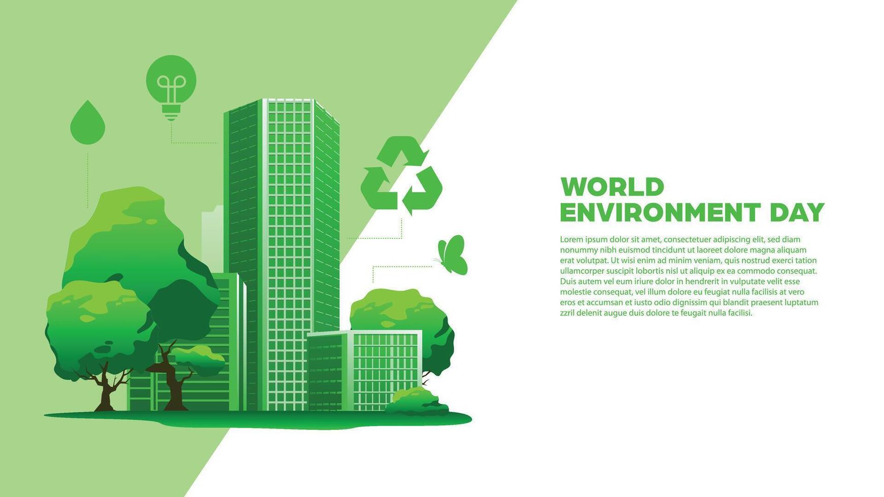 World Environment Day Background - Building green cityscape and tress, perfect for environmental campaigns, posters, educational content vector