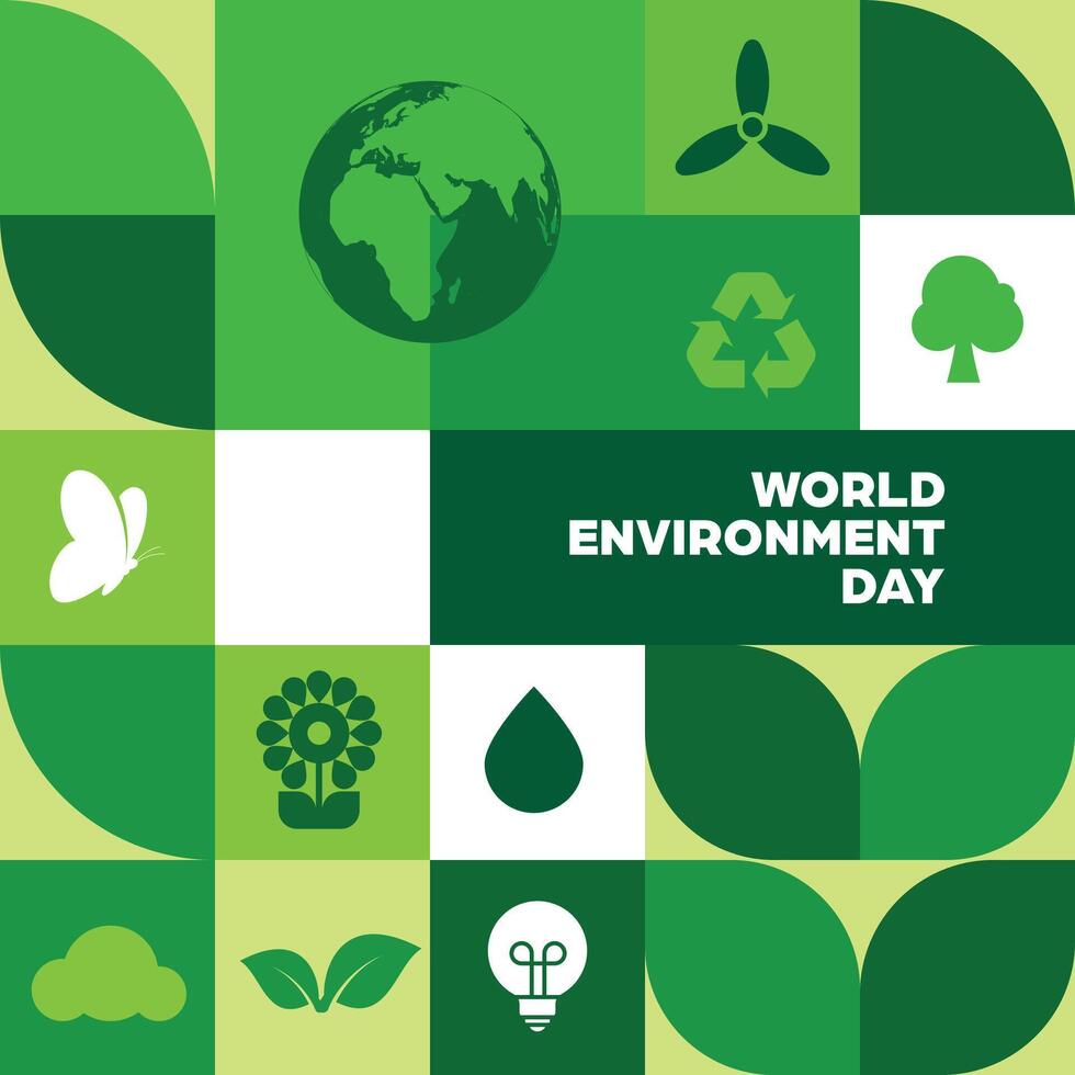 Colorful Flat Green Icons Banner for World Environment Day - This modern and minimalistic is perfect for awareness campaigns, educational posters and eco-friendly initiatives vector