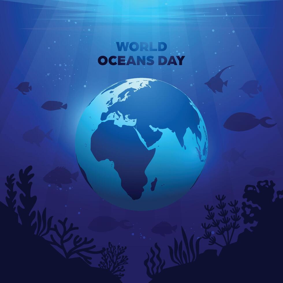 World Oceans Day Square Banner - Background with underwater and globe for social media posts, campaigns or advertisements about the sea and the environment vector