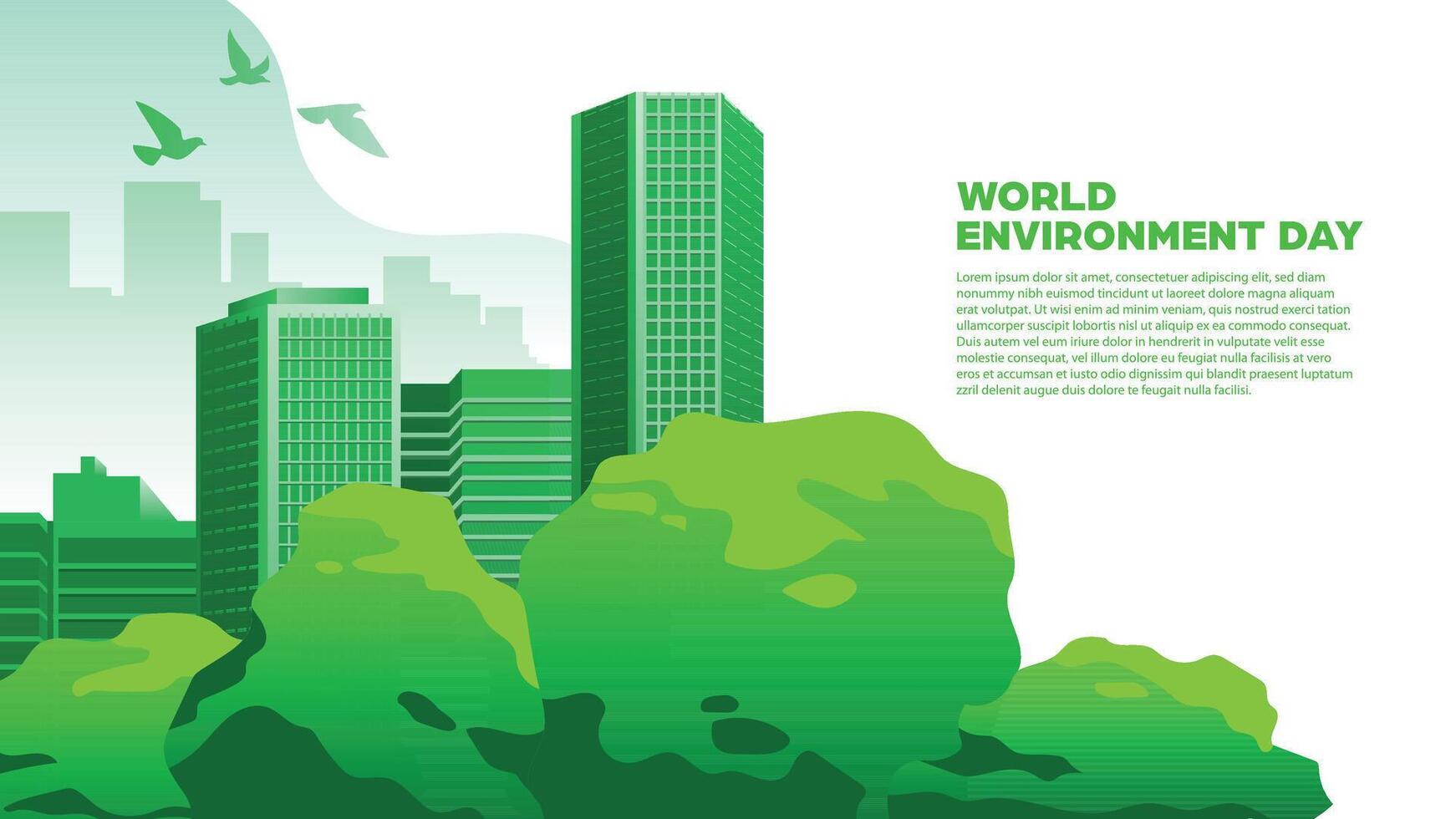 World Environment Day Background - Building green cityscape and tress, perfect for environmental campaigns, posters, educational content, vector