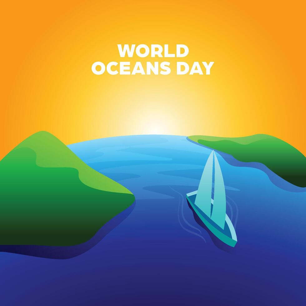 World Oceans Day Landscape Square Banner with Sailboat and Sunrise Scene - Background for social media posts, campaigns or advertisements about the sea and environment vector