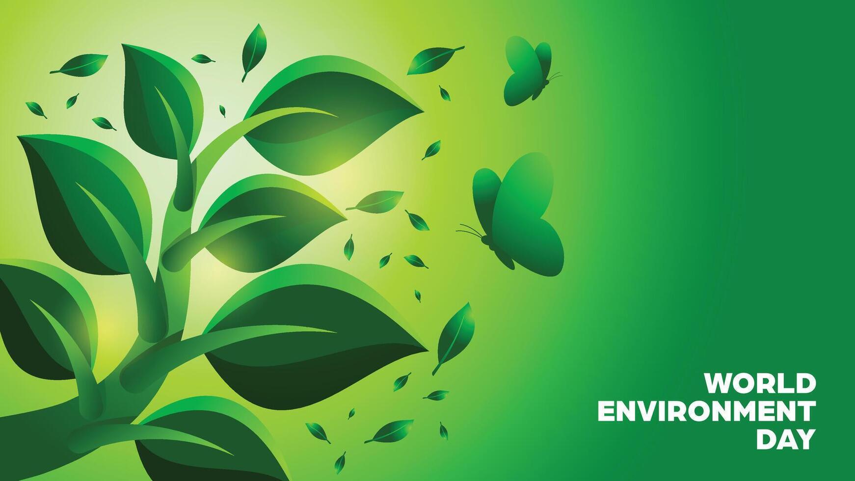 World Evironment Day Background with Green Nature Leaves and Butterflies. For Eco-Awareness Campaigns, Environmental Posters, Nature-Themed Events, Earth-Friendly Promotions vector