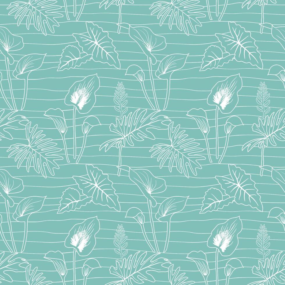 Hand drawn outline tropical leaves seamless pattern on blue background vector