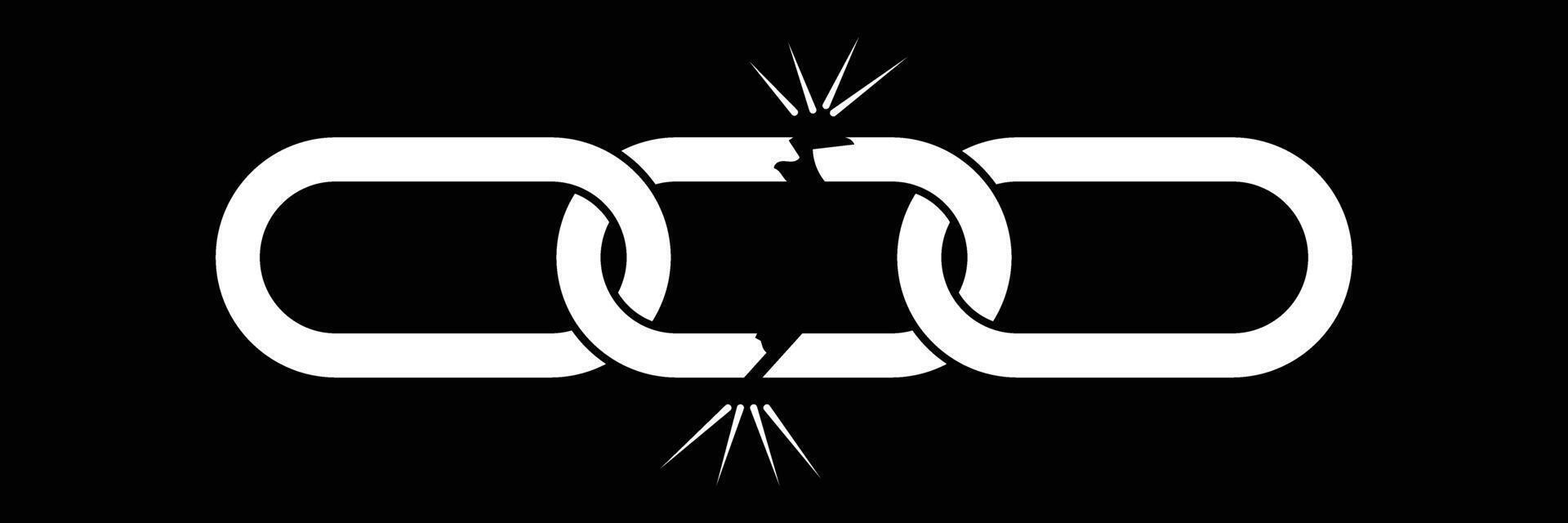 Broken chain icon. Icon for web design isolated on black background. White broken chain disconnect. Simple illustration. vector