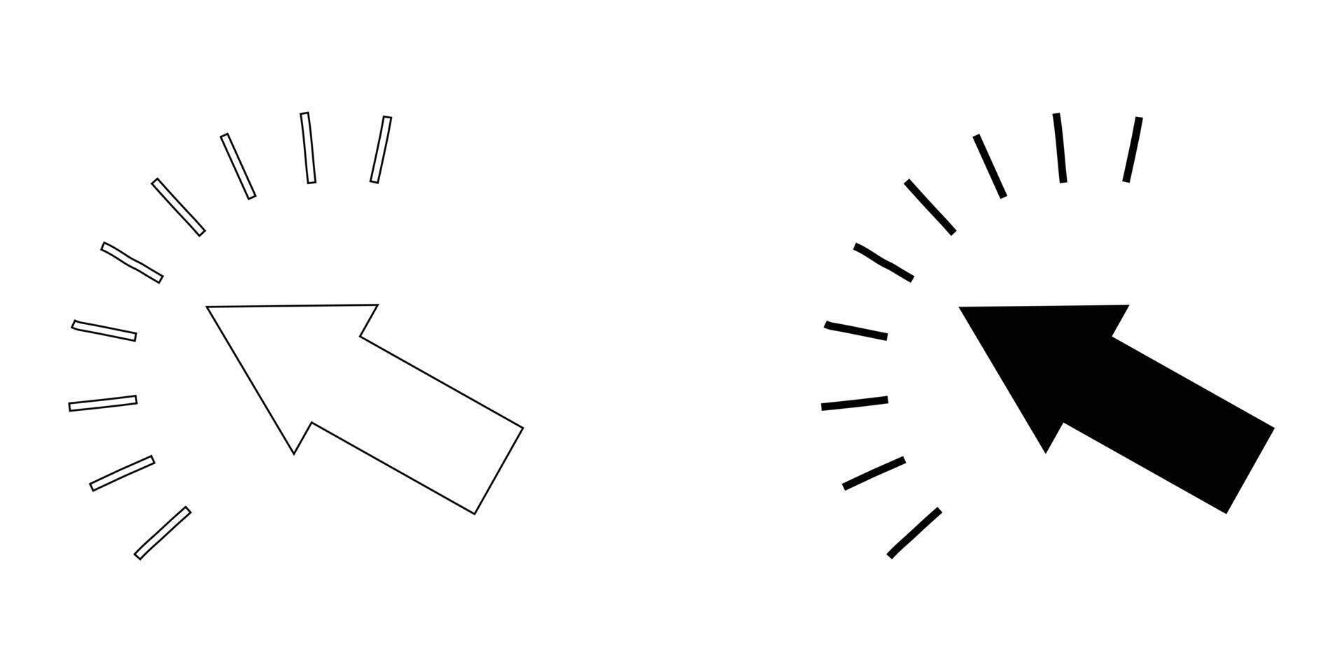 Arrow cursor set. Set of black arrow cursor and stock arrow cursor icons click. Click here button with arrow pointer clicking icon isolated on white background. Simple illustration. vector