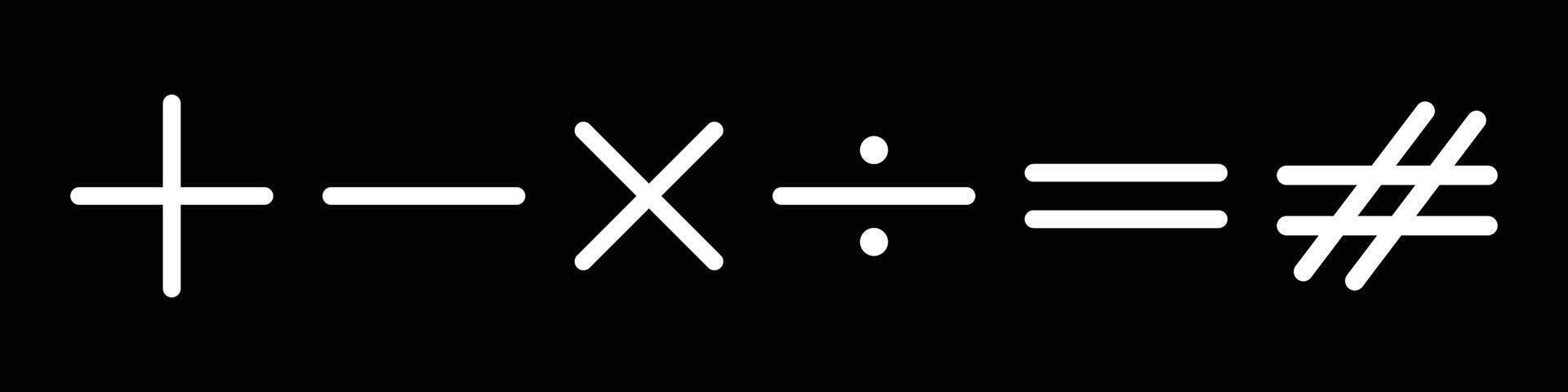 Plus and minus, calculation icon set. White colour hand drawing mathematics symbol. Plus, minus, multiply and divide equals signs on black background. Collection of math additions. vector