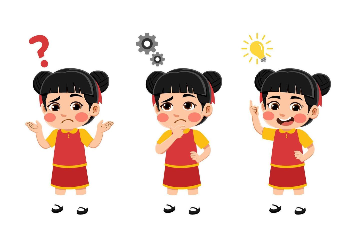 cartoon asian girl with different expressions looking for ideas vector